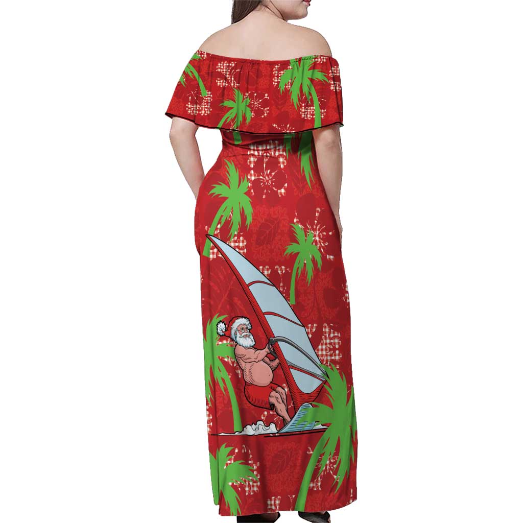 Aloha Hawaii Christmas Family Matching Off Shoulder Maxi Dress and Hawaiian Shirt Mele Kalikimaka Windsurfing Santa Palaka Quilt Motifs - Polynesian Pride