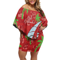 Aloha Hawaii Christmas Family Matching Off Shoulder Short Dress and Hawaiian Shirt Mele Kalikimaka Windsurfing Santa Palaka Quilt Motifs - Polynesian Pride