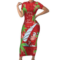 Aloha Hawaii Christmas Family Matching Short Sleeve Bodycon Dress and Hawaiian Shirt Mele Kalikimaka Windsurfing Santa Palaka Quilt Motifs - Polynesian Pride