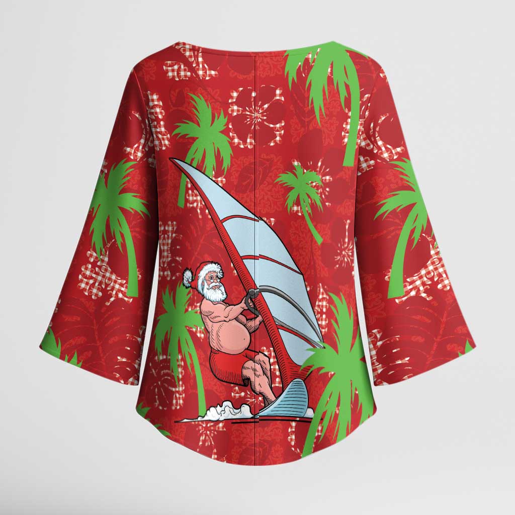 Aloha Hawaii Christmas Kimono Sleeve Blouse Mele Kalikimaka Windsurfing Santa Palaka Quilt Motifs - Polynesian Pride