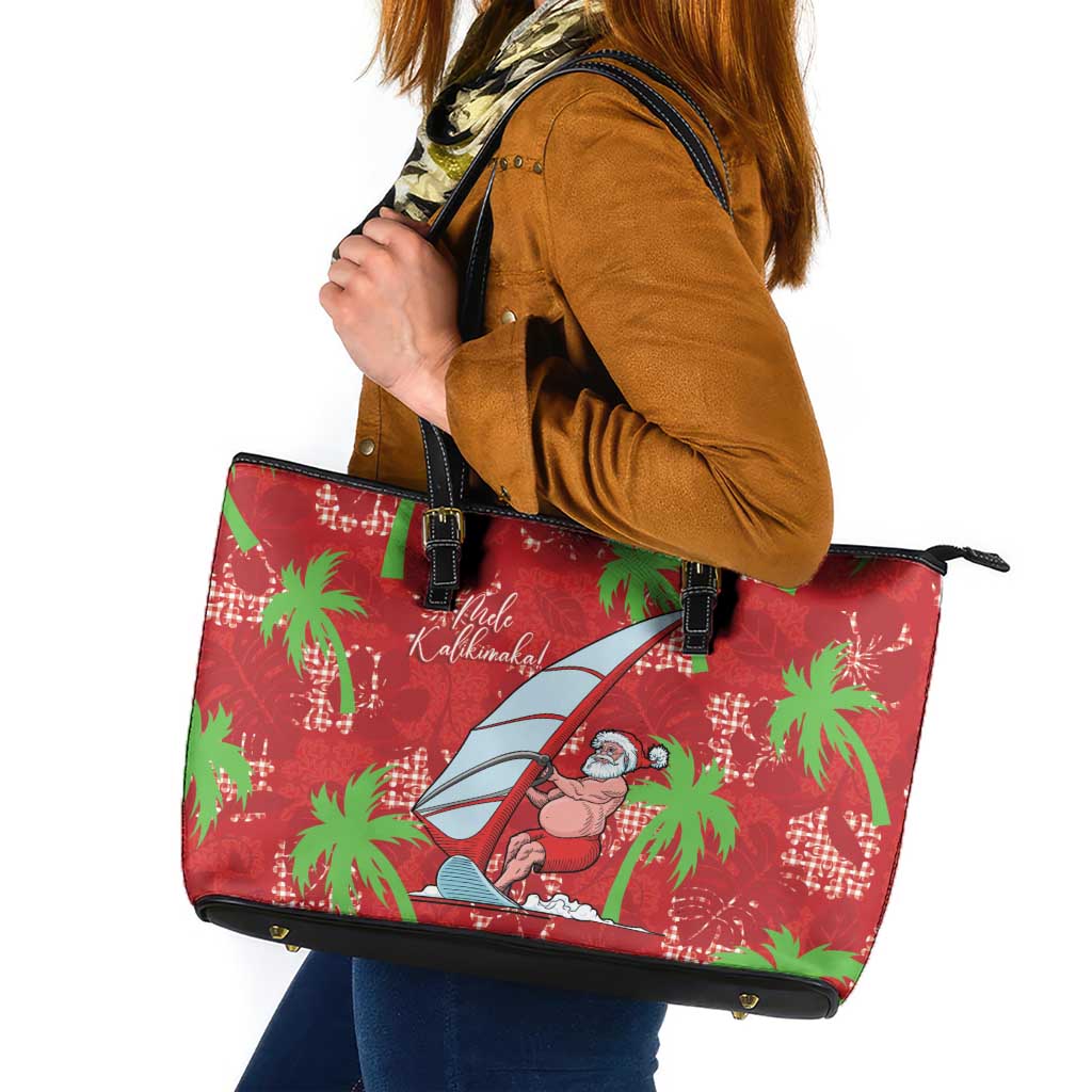 Aloha Hawaii Christmas Leather Tote Bag Mele Kalikimaka Windsurfing Santa Palaka Quilt Motifs - Polynesian Pride