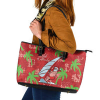 Aloha Hawaii Christmas Leather Tote Bag Mele Kalikimaka Windsurfing Santa Palaka Quilt Motifs - Polynesian Pride