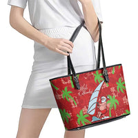 Aloha Hawaii Christmas Leather Tote Bag Mele Kalikimaka Windsurfing Santa Palaka Quilt Motifs - Polynesian Pride