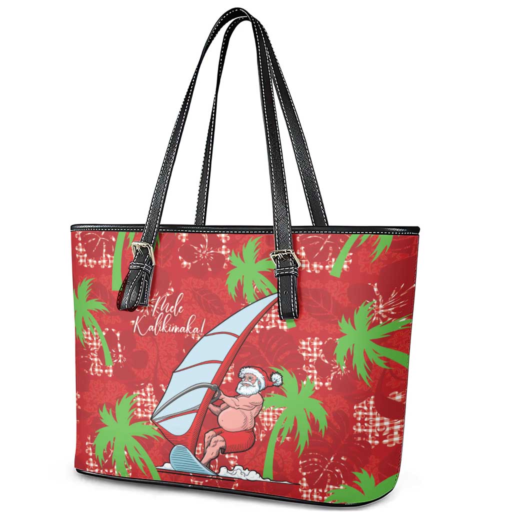 Aloha Hawaii Christmas Leather Tote Bag Mele Kalikimaka Windsurfing Santa Palaka Quilt Motifs - Polynesian Pride