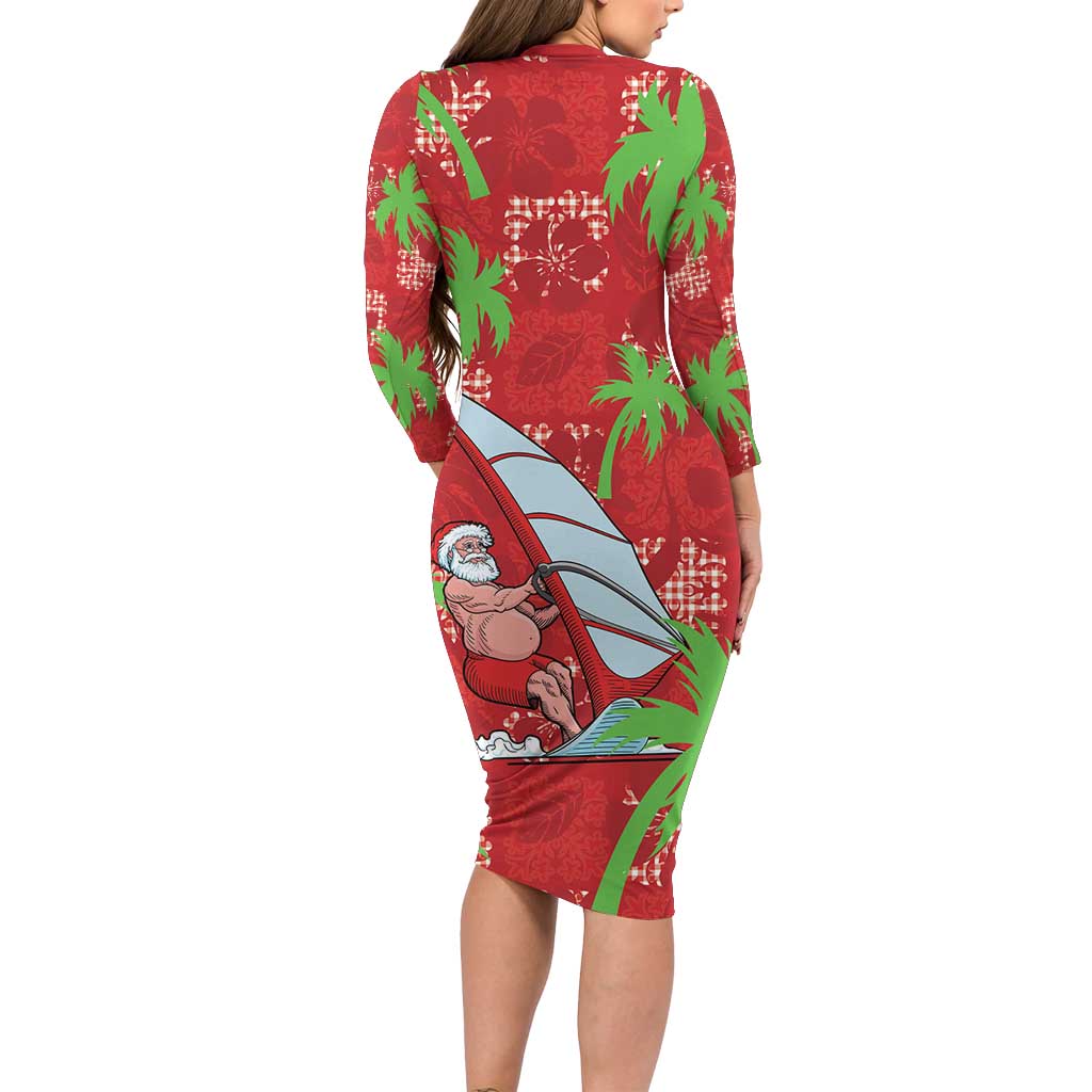 Aloha Hawaii Christmas Long Sleeve Bodycon Dress Mele Kalikimaka Windsurfing Santa Palaka Quilt Motifs - Polynesian Pride