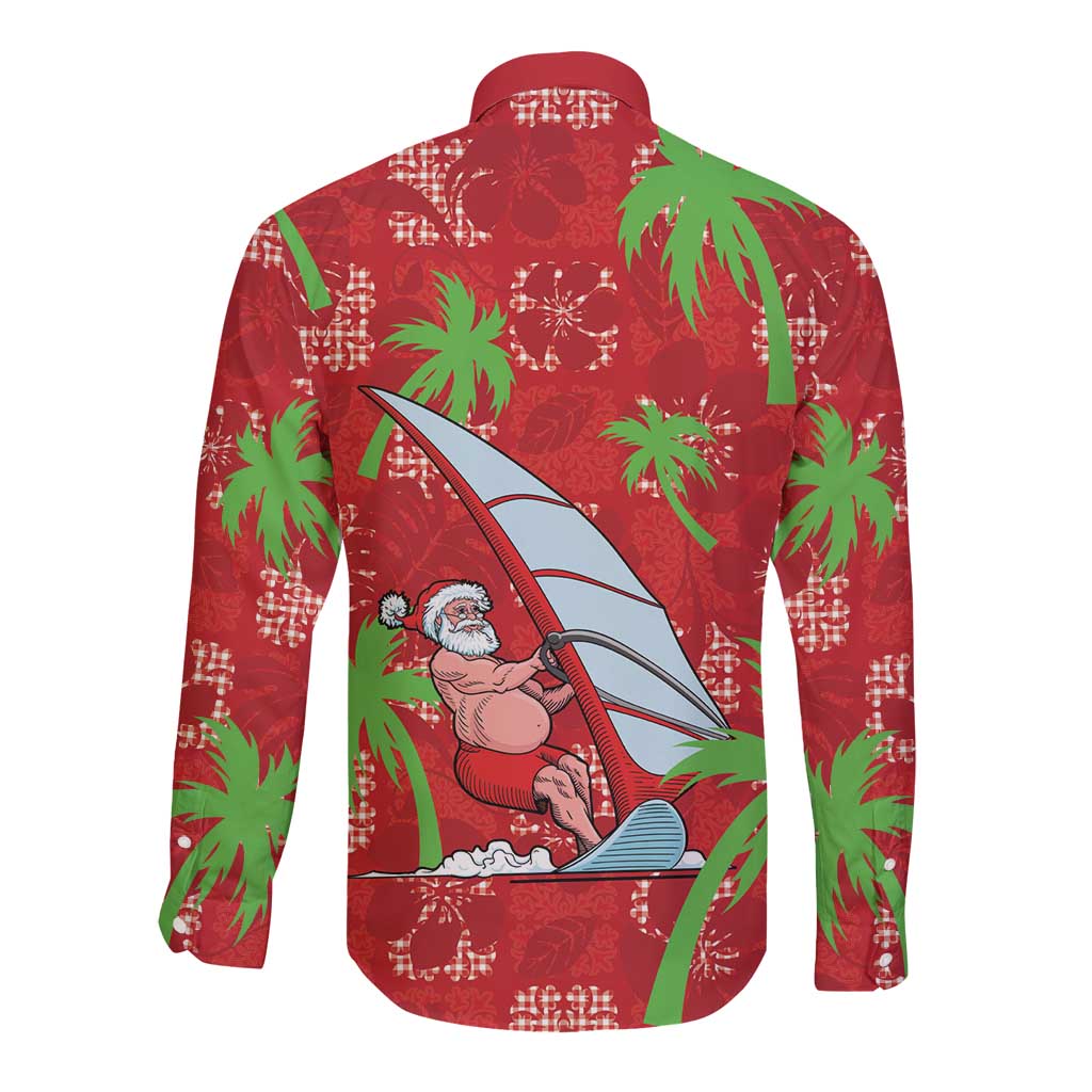 Aloha Hawaii Christmas Long Sleeve Button Shirt Mele Kalikimaka Windsurfing Santa Palaka Quilt Motifs - Polynesian Pride