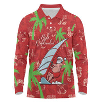 Aloha Hawaii Christmas Long Sleeve Polo Shirt Mele Kalikimaka Windsurfing Santa Palaka Quilt Motifs - Polynesian Pride