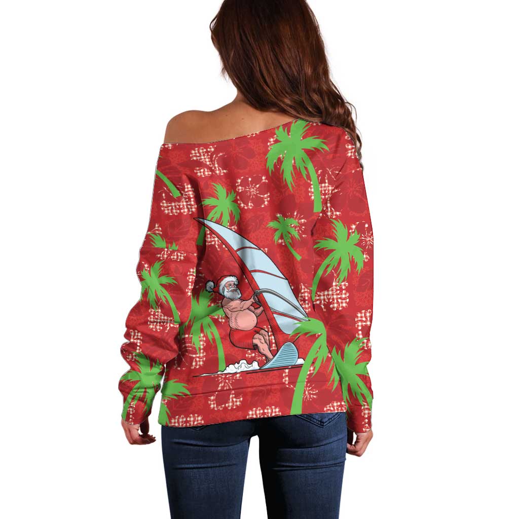 Aloha Hawaii Christmas Off Shoulder Sweater Mele Kalikimaka Windsurfing Santa Palaka Quilt Motifs - Polynesian Pride