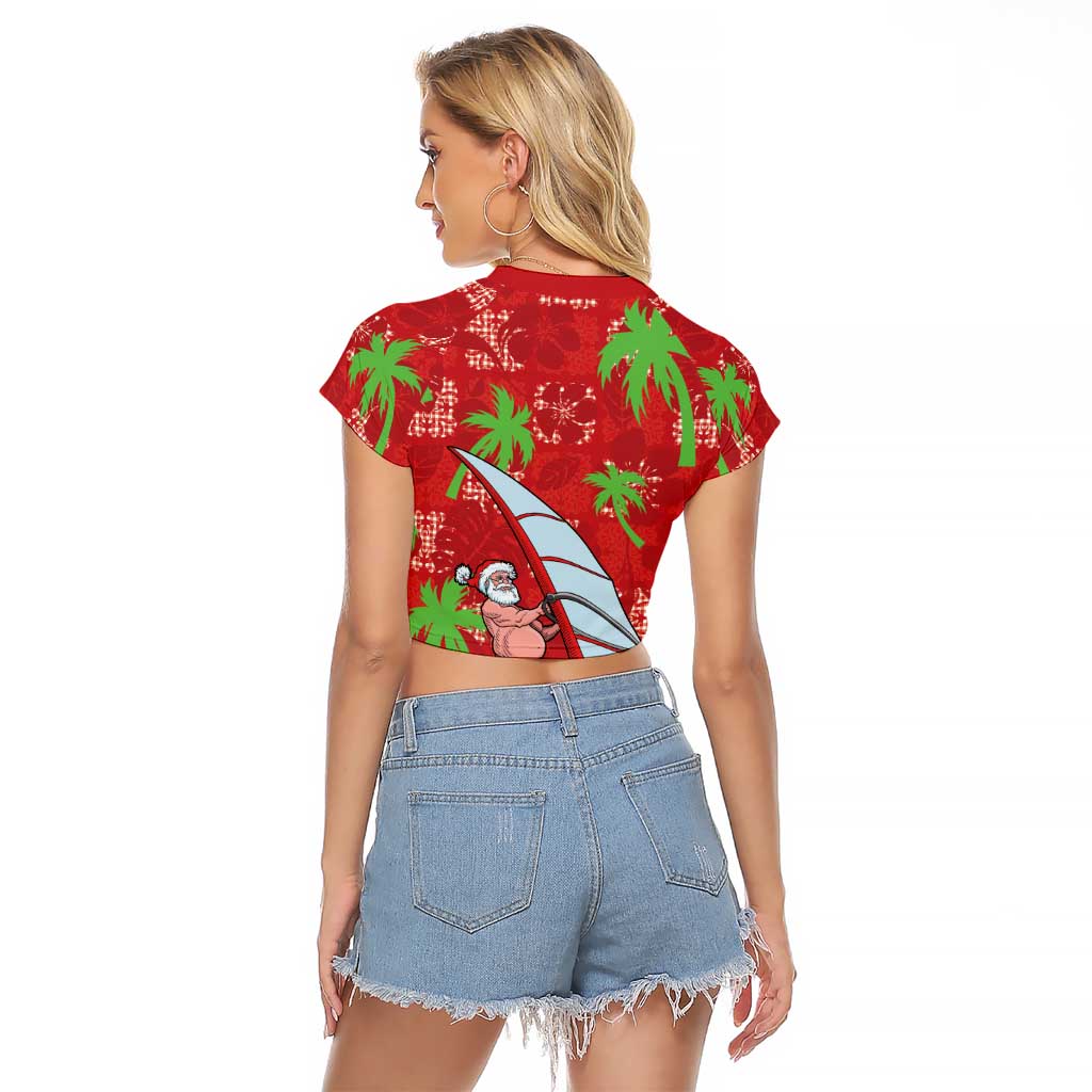 Aloha Hawaii Christmas Raglan Cropped T Shirt Mele Kalikimaka Windsurfing Santa Palaka Quilt Motifs - Polynesian Pride
