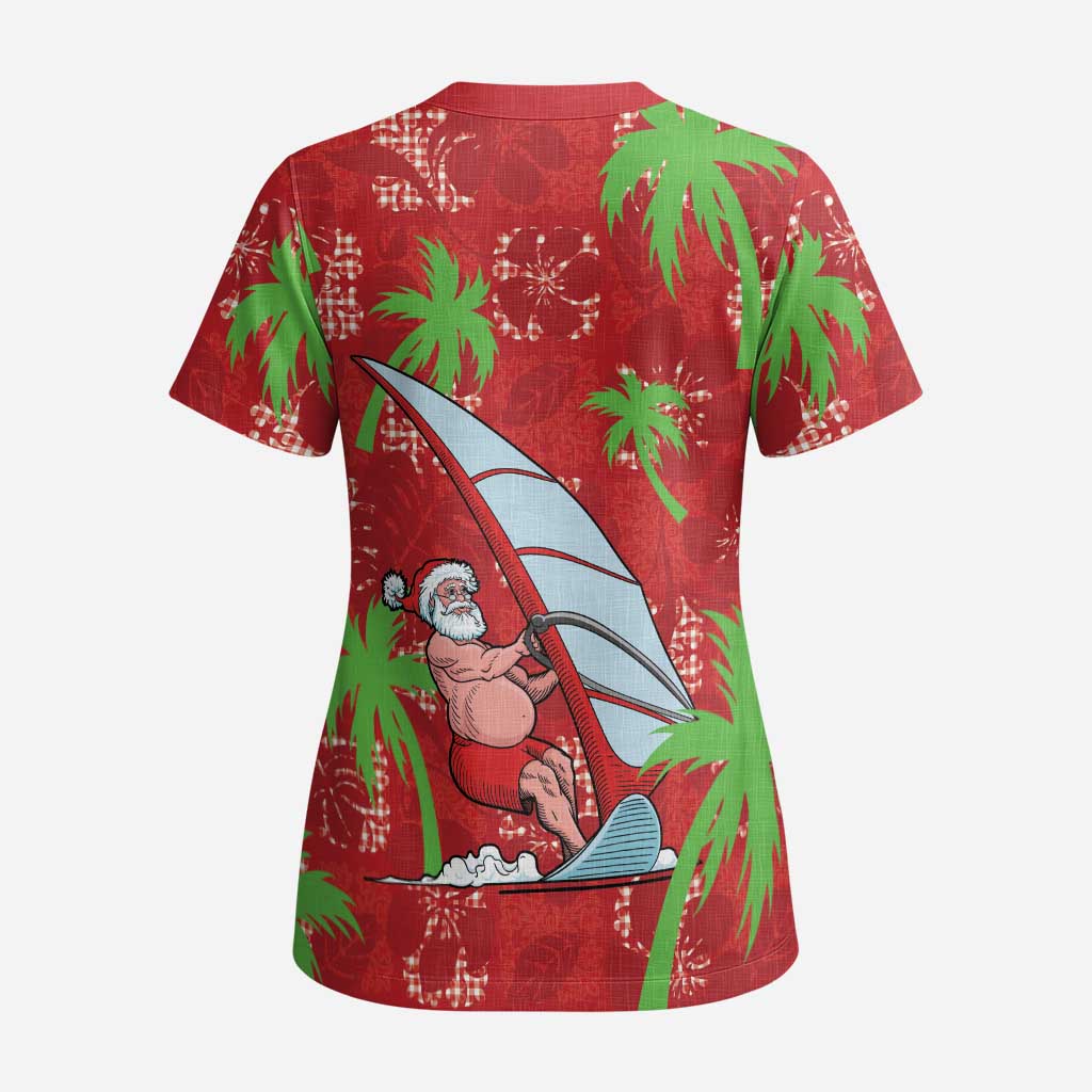 Aloha Hawaii Christmas Scrub Top Mele Kalikimaka Windsurfing Santa Palaka Quilt Motifs - Polynesian Pride