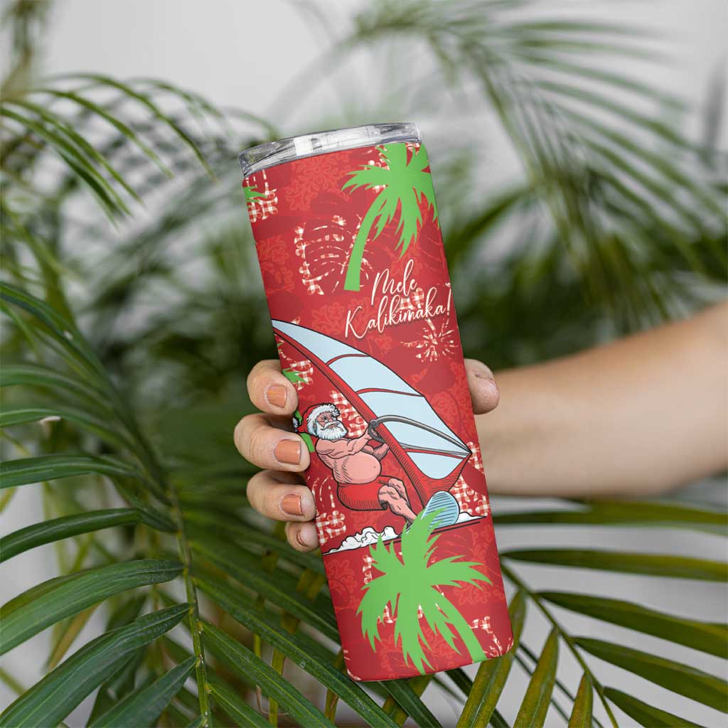 Aloha Hawaii Christmas Skinny Tumbler Mele Kalikimaka Windsurfing Santa Palaka Quilt Motifs - Polynesian Pride