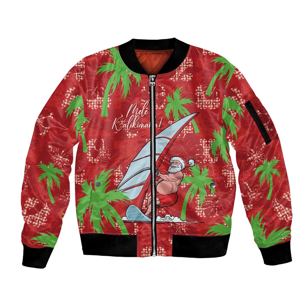 Aloha Hawaii Christmas Sleeve Zip Bomber Jacket Mele Kalikimaka Windsurfing Santa Palaka Quilt Motifs - Polynesian Pride