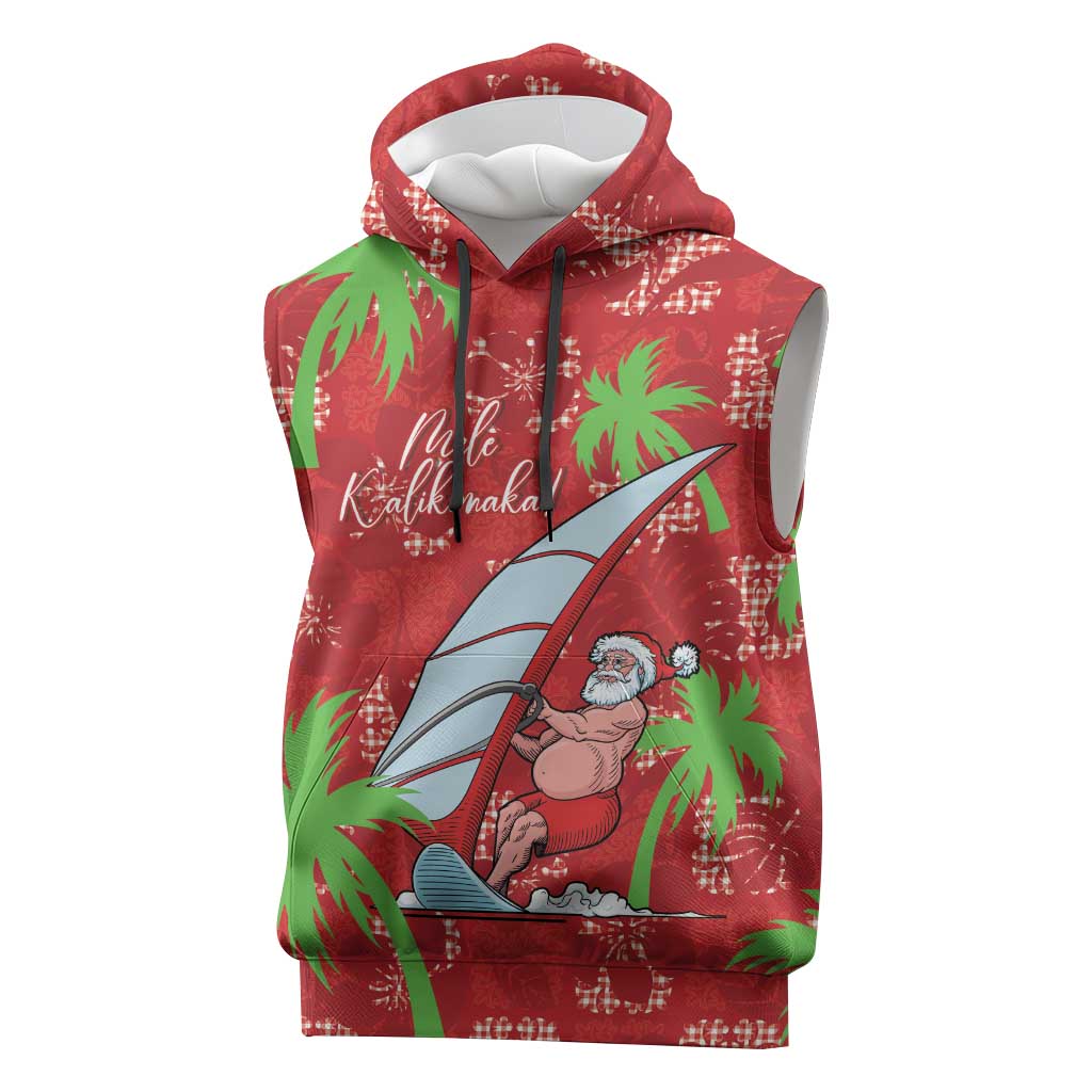 Aloha Hawaii Christmas Sleeveless Hoodie Mele Kalikimaka Windsurfing Santa Palaka Quilt Motifs - Polynesian Pride