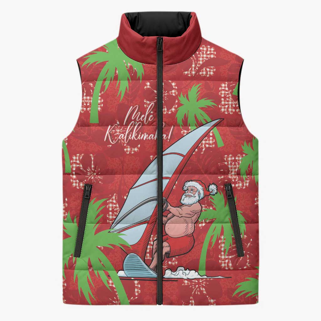Aloha Hawaii Christmas Sleeveless Puffer Jacket Mele Kalikimaka Windsurfing Santa Palaka Quilt Motifs - Polynesian Pride