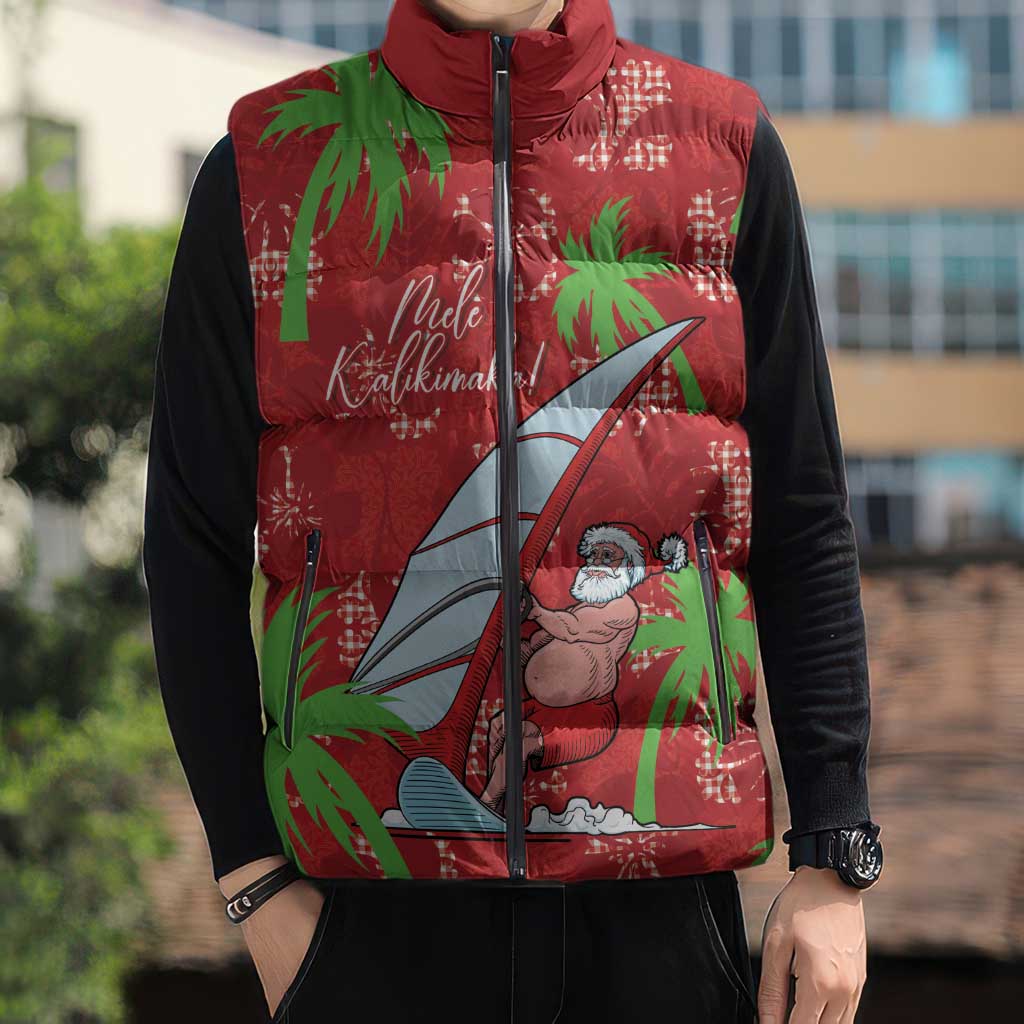 Aloha Hawaii Christmas Sleeveless Puffer Jacket Mele Kalikimaka Windsurfing Santa Palaka Quilt Motifs - Polynesian Pride