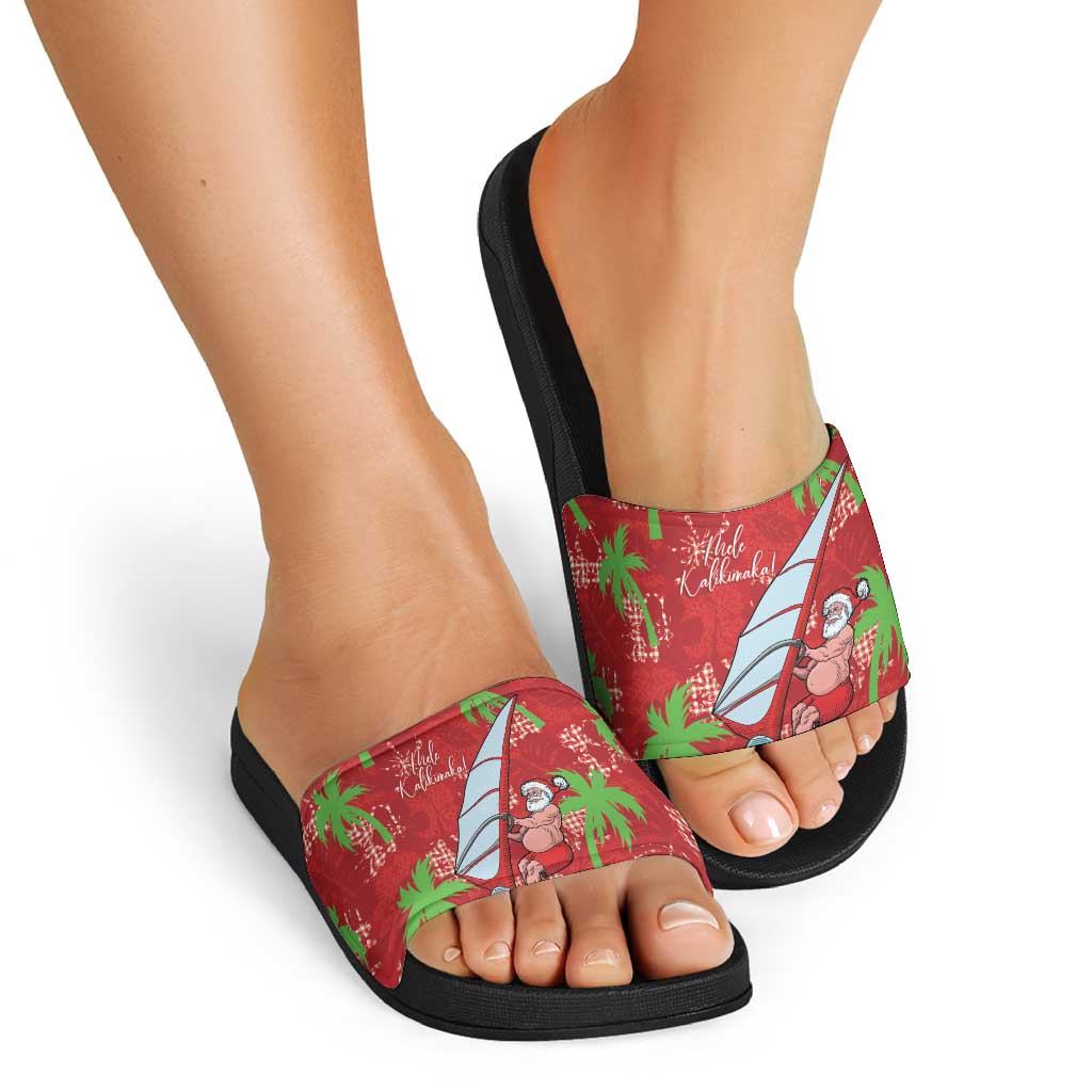 Aloha Hawaii Christmas Slide Sandals Mele Kalikimaka Windsurfing Santa Palaka Quilt Motifs - Polynesian Pride