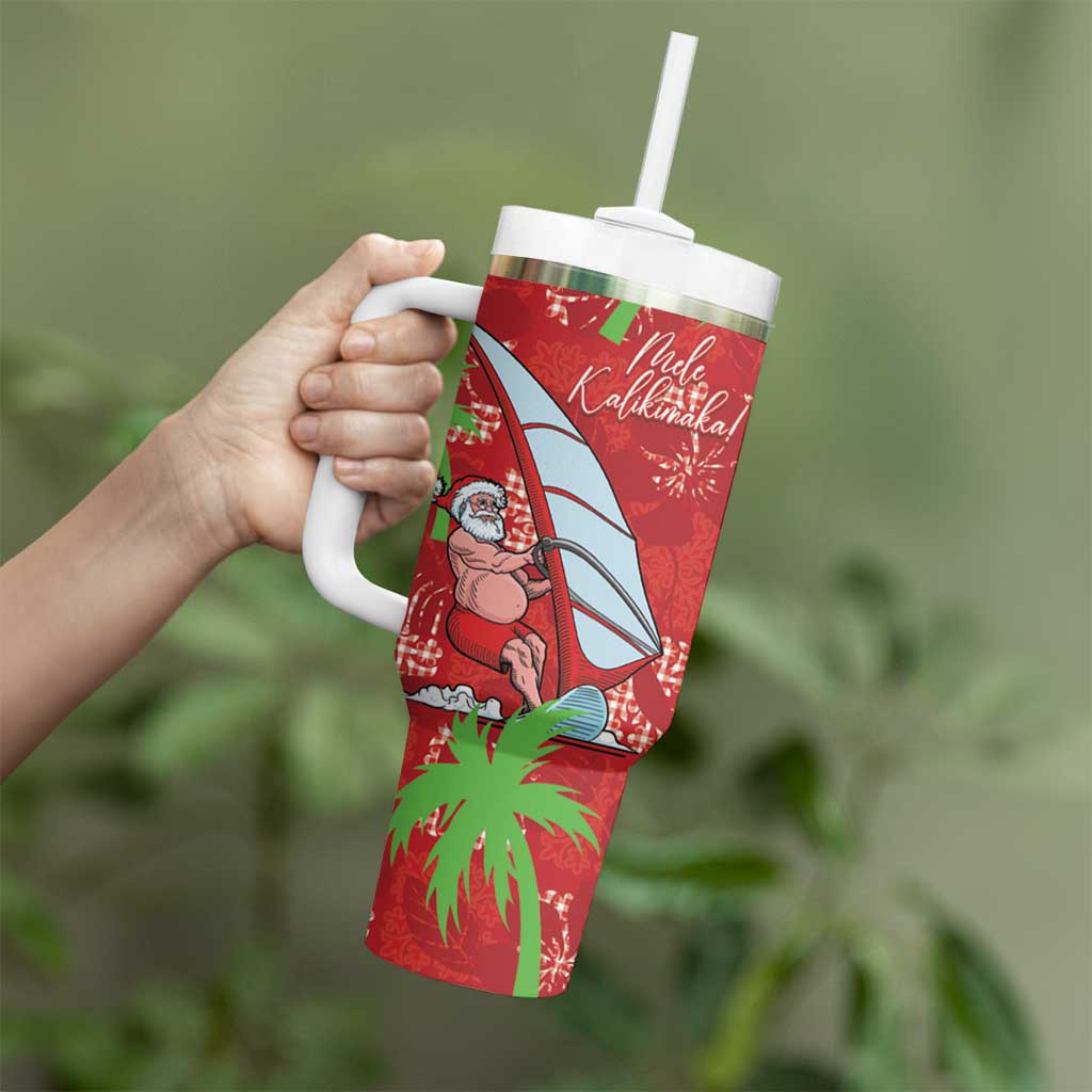 Aloha Hawaii Christmas Tumbler With Handle Mele Kalikimaka Windsurfing Santa Palaka Quilt Motifs - Polynesian Pride