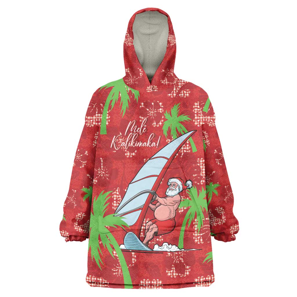 Aloha Hawaii Christmas Wearable Blanket Hoodie Mele Kalikimaka Windsurfing Santa Palaka Quilt Motifs - Polynesian Pride