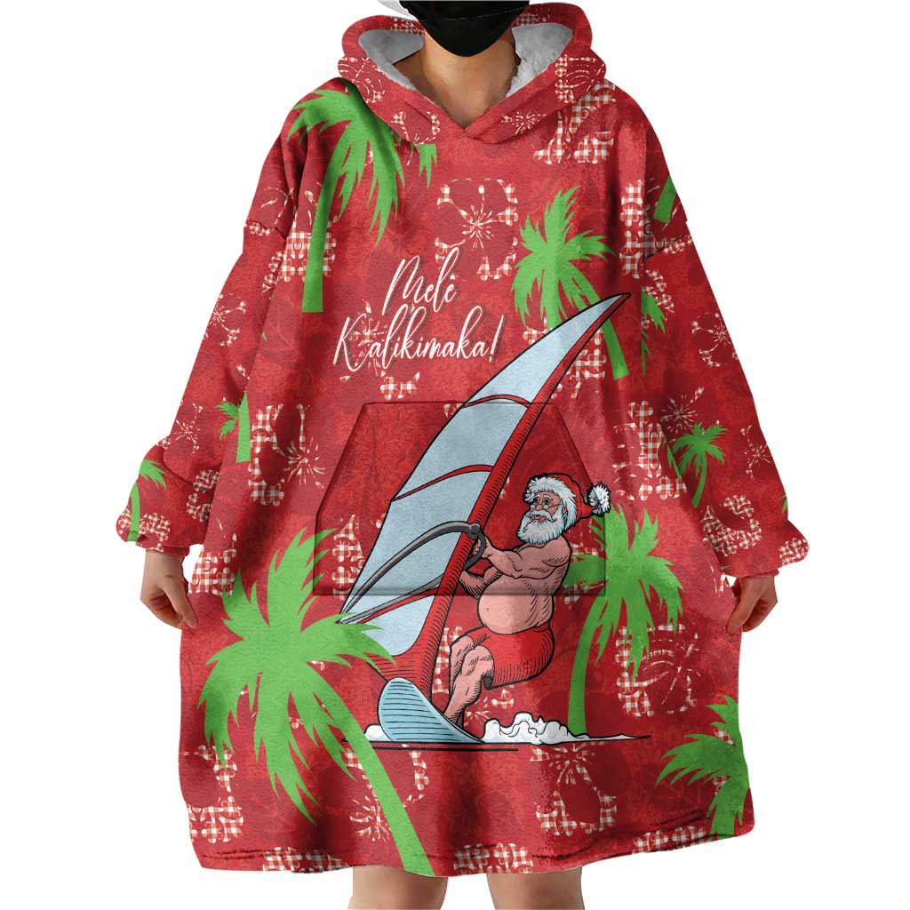 Aloha Hawaii Christmas Wearable Blanket Hoodie Mele Kalikimaka Windsurfing Santa Palaka Quilt Motifs - Polynesian Pride