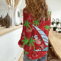 Aloha Hawaii Christmas Women Casual Shirt Mele Kalikimaka Windsurfing Santa Palaka Quilt Motifs - Polynesian Pride