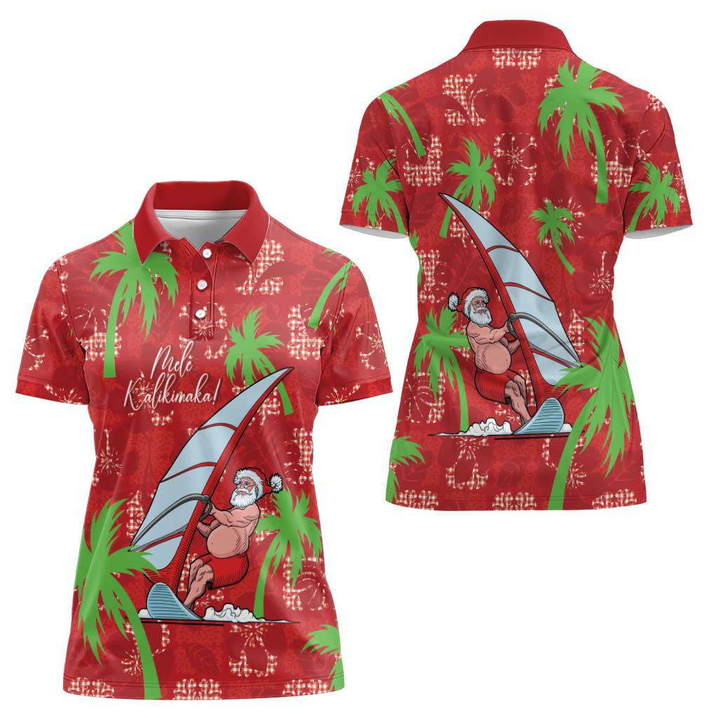 Aloha Hawaii Christmas Women Polo Shirt Mele Kalikimaka Windsurfing Santa Palaka Quilt Motifs - Polynesian Pride