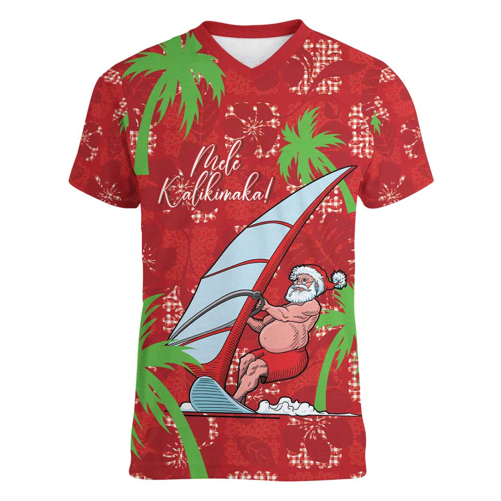 Aloha Hawaii Christmas Women V-Neck T-Shirt Mele Kalikimaka Windsurfing Santa Palaka Quilt Motifs - Polynesian Pride