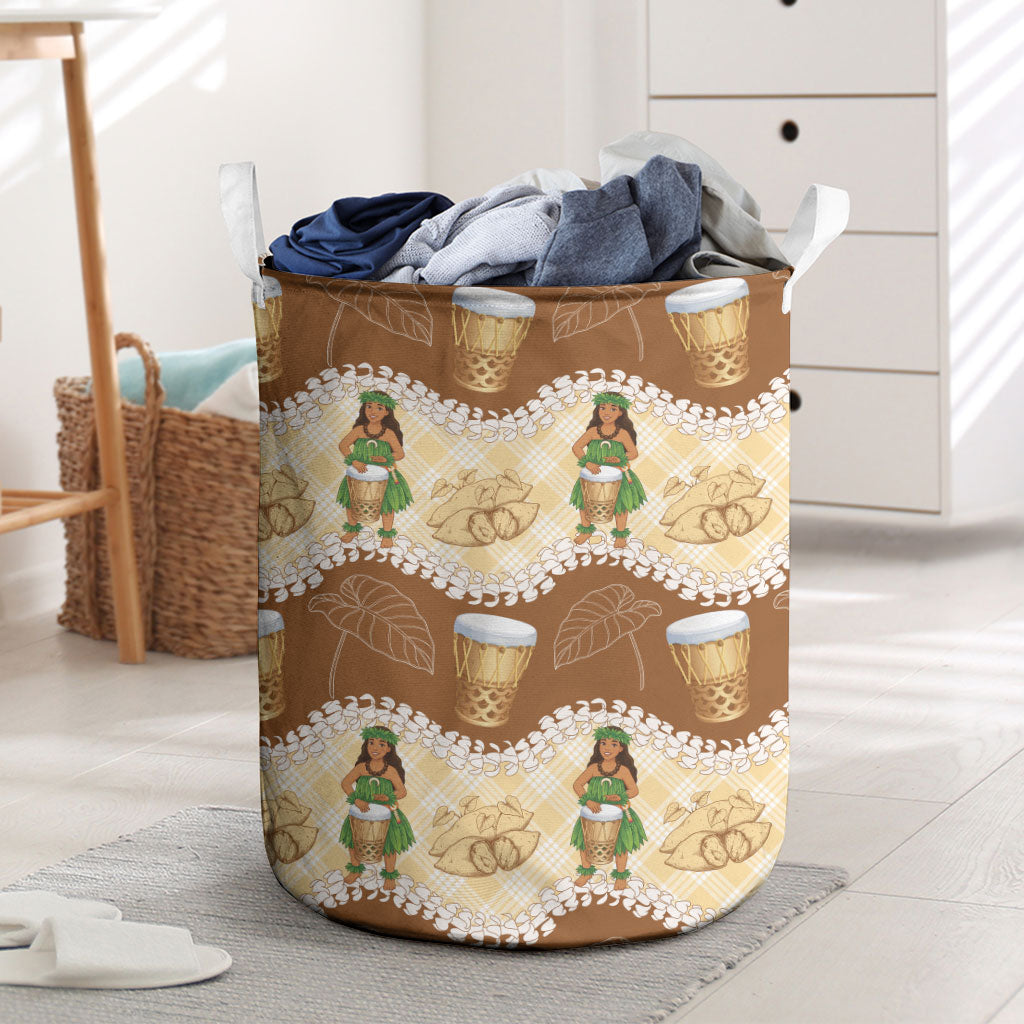 Hula Pahu Hawaii Makahiki Laundry Basket Hawaiian Puakenikeni Lei Kalo Uala Palaka Motifs LT14 Brown - Polynesian Pride