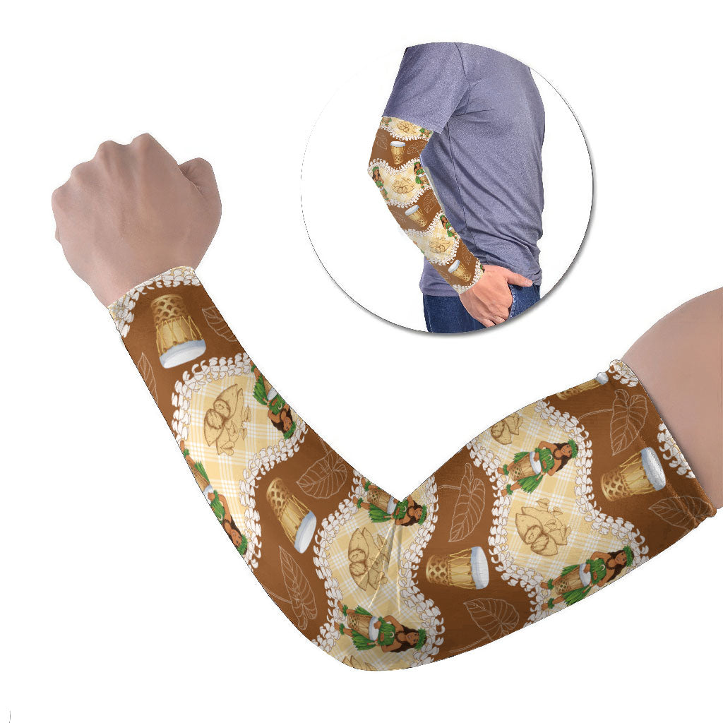Hula Pahu Hawaii Makahiki Arm Sleeves Hawaiian Puakenikeni Lei Kalo Uala Palaka Motifs LT14 Set of 2 Brown - Polynesian Pride