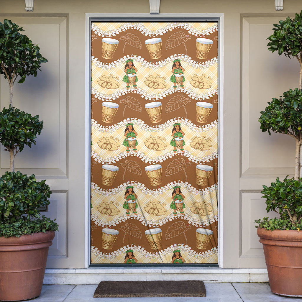 Hula Pahu Hawaii Makahiki Door Cover Hawaiian Puakenikeni Lei Kalo Uala Palaka Motifs LT14 Brown - Polynesian Pride