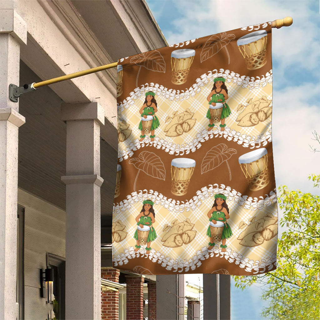 Hula Pahu Hawaii Makahiki Garden Flag Hawaiian Puakenikeni Lei Kalo Uala Palaka Motifs LT14 House Flag Brown - Polynesian Pride