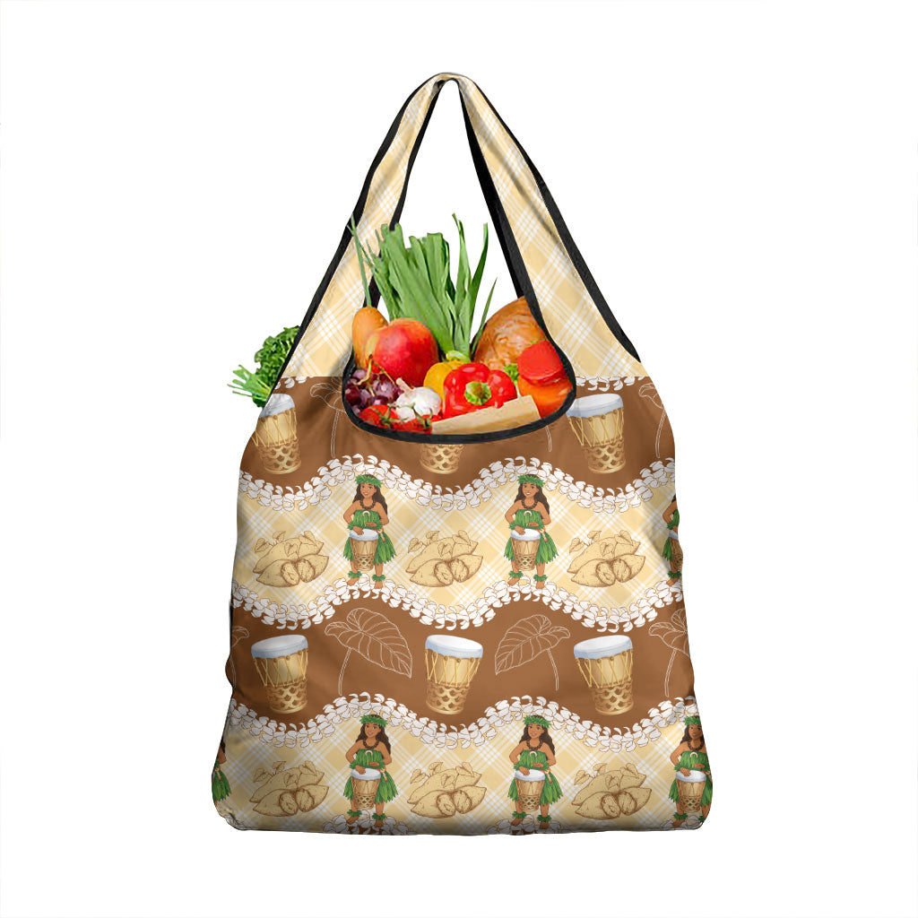 Hula Pahu Hawaii Makahiki Grocery Bag Hawaiian Puakenikeni Lei Kalo Uala Palaka Motifs LT14 1-pack One Size Brown - Polynesian Pride