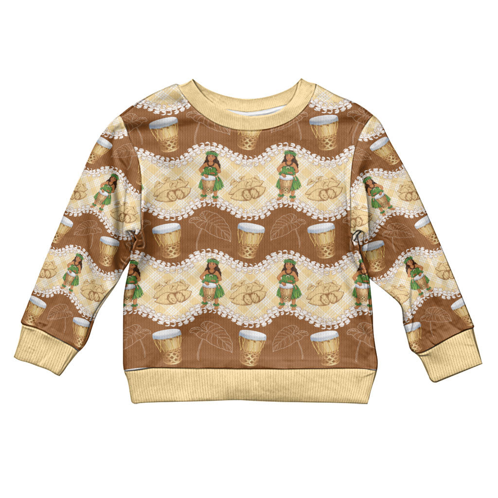 Hula Pahu Hawaii Makahiki Kid Ugly Christmas Sweater Hawaiian Puakenikeni Lei Kalo Uala Palaka Motifs LT14 Kid Brown - Polynesian Pride