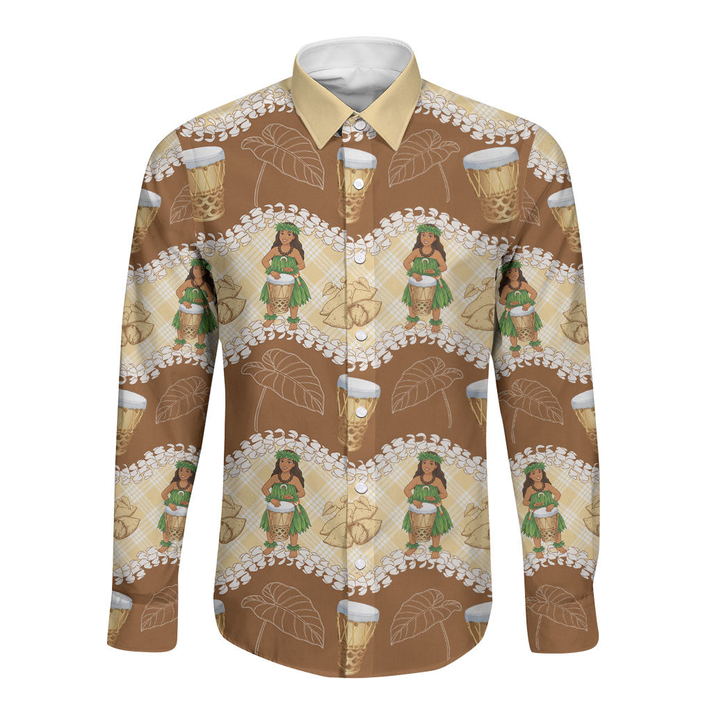 Hula Pahu Hawaii Makahiki Long Sleeve Button Shirt Hawaiian Puakenikeni Lei Kalo Uala Palaka Motifs