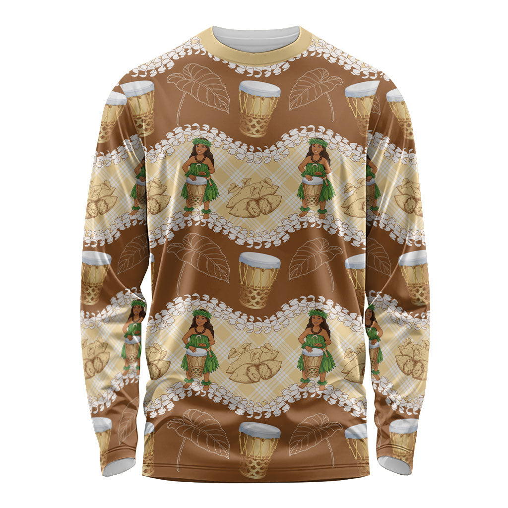 Hula Pahu Hawaii Makahiki Long Sleeve Shirt Hawaiian Puakenikeni Lei Kalo Uala Palaka Motifs LT14 Unisex Brown - Polynesian Pride