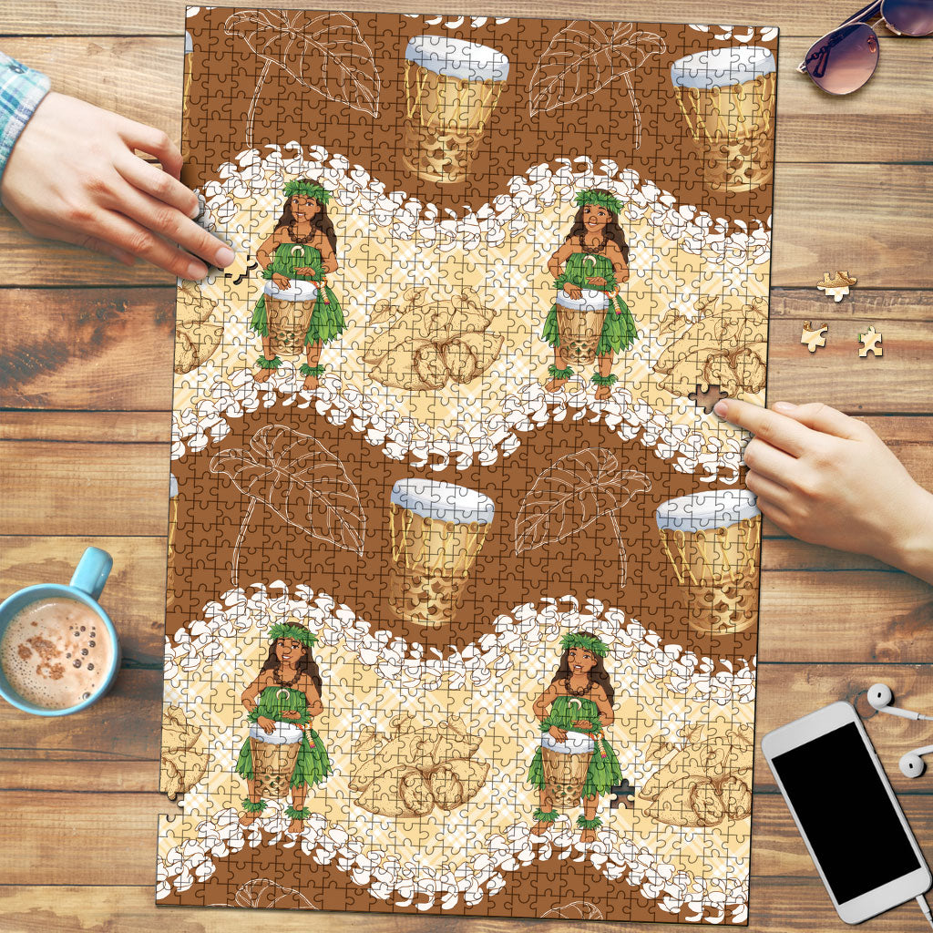 Hula Pahu Hawaii Makahiki Puzzle Hawaiian Puakenikeni Lei Kalo Uala Palaka Motifs LT14 Brown - Polynesian Pride