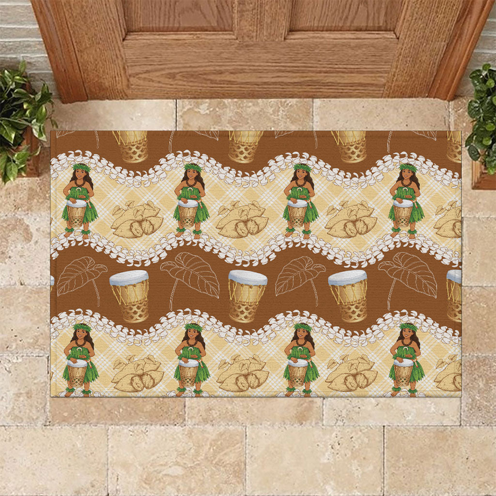 Hula Pahu Hawaii Makahiki Rubber Doormat Hawaiian Puakenikeni Lei Kalo Uala Palaka Motifs LT14 Brown - Polynesian Pride
