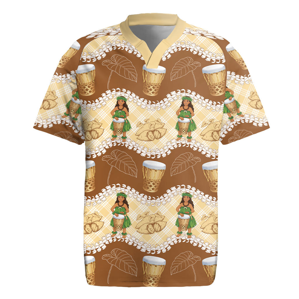 Hula Pahu Hawaii Makahiki Rugby Jersey Hawaiian Puakenikeni Lei Kalo Uala Palaka Motifs LT14 Brown - Polynesian Pride