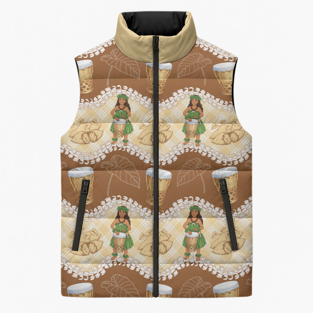 Hula Pahu Hawaii Makahiki Sleeveless Puffer Jacket Hawaiian Puakenikeni Lei Kalo Uala Palaka Motifs LT14 Unisex Brown - Polynesian Pride