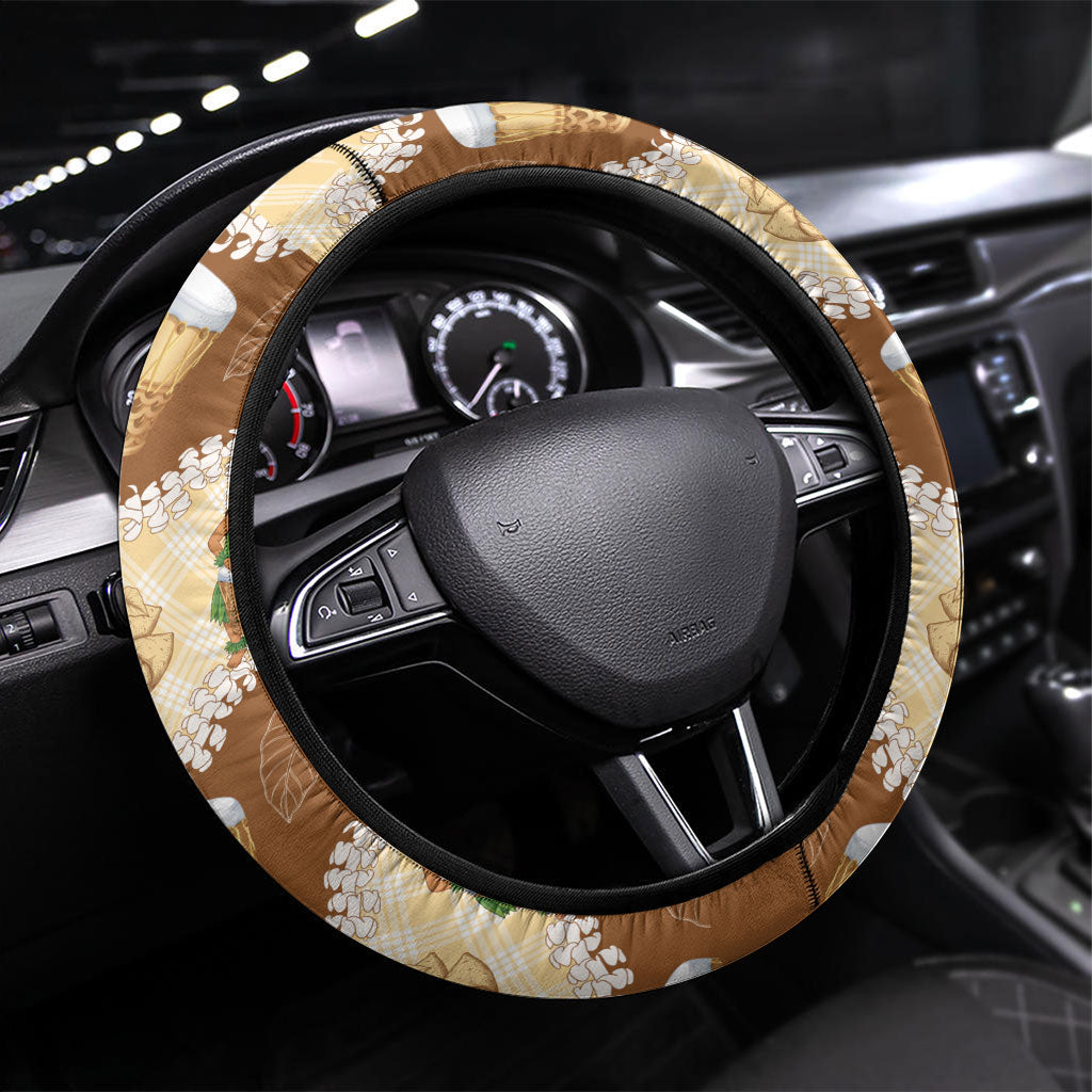 Hula Pahu Hawaii Makahiki Steering Wheel Cover Hawaiian Puakenikeni Lei Kalo Uala Palaka Motifs LT14 Universal Fit Brown - Polynesian Pride