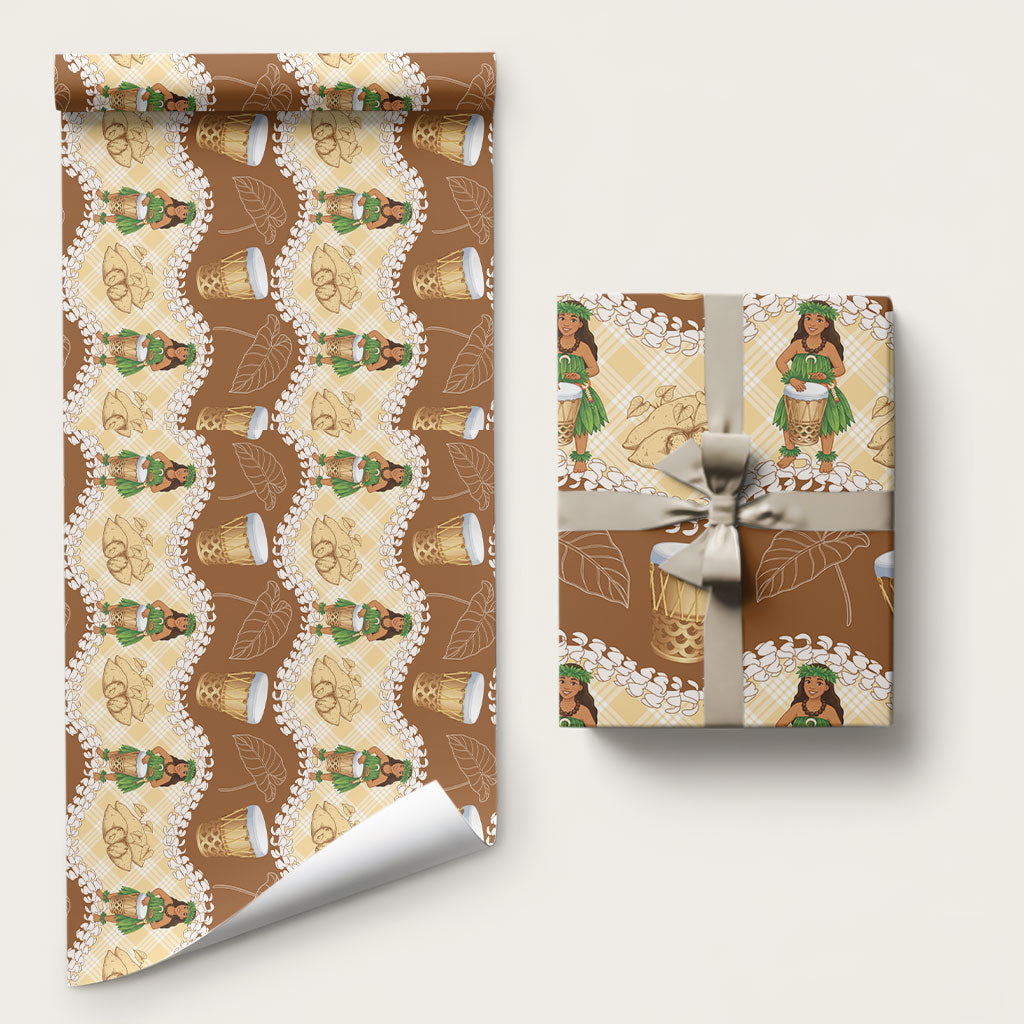 Hula Pahu Hawaii Makahiki Wrapping Paper Hawaiian Puakenikeni Lei Kalo Uala Palaka Motifs LT14 58" × 23" Brown - Polynesian Pride