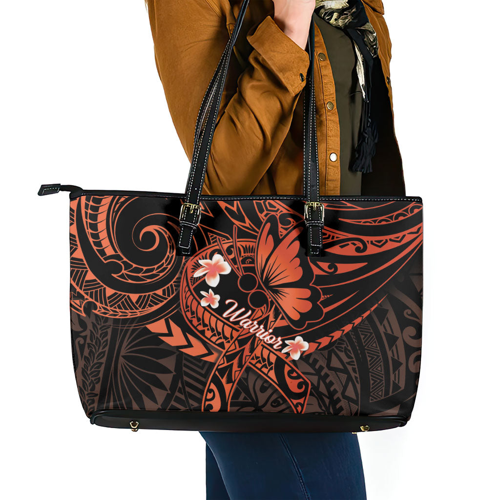 Polynesia Leukemia Awareness Month Leather Tote Bag Warrior Butterfly Polynesian Orange Ribbon LT14 - Polynesian Pride