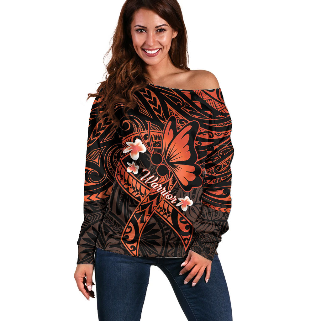 Polynesia Leukemia Awareness Month Off Shoulder Sweater Warrior Butterfly Polynesian Orange Ribbon LT14 Women Orange - Polynesian Pride