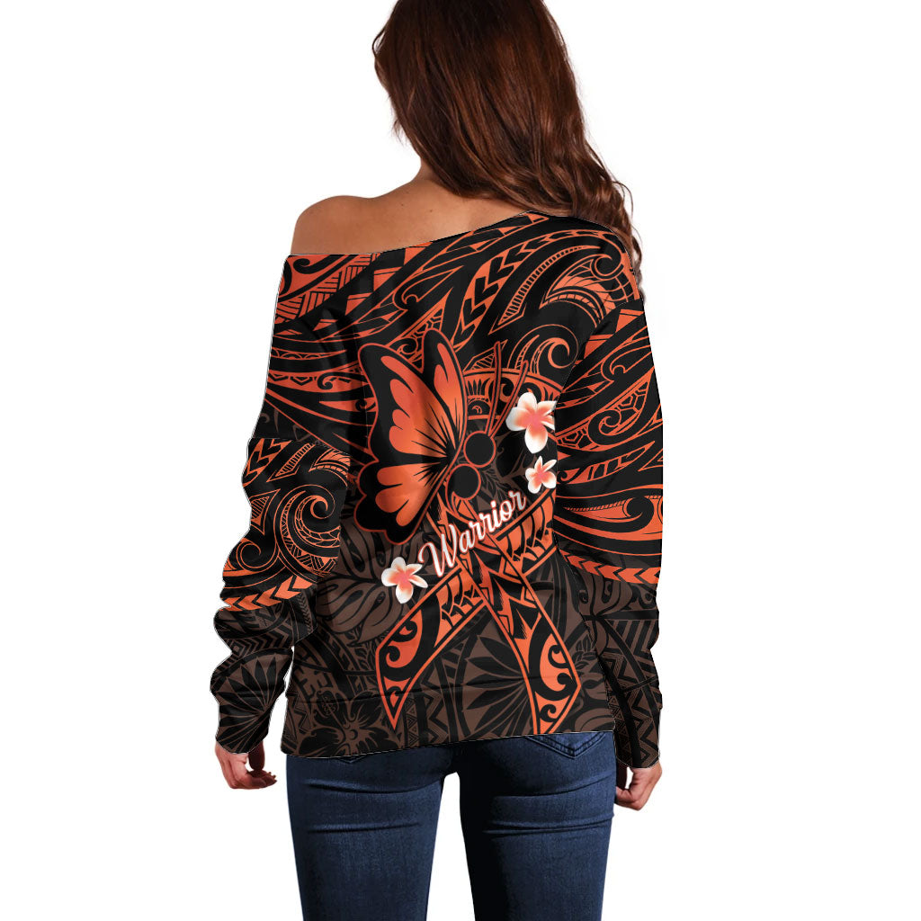 Polynesia Leukemia Awareness Month Off Shoulder Sweater Warrior Butterfly Polynesian Orange Ribbon LT14 - Polynesian Pride