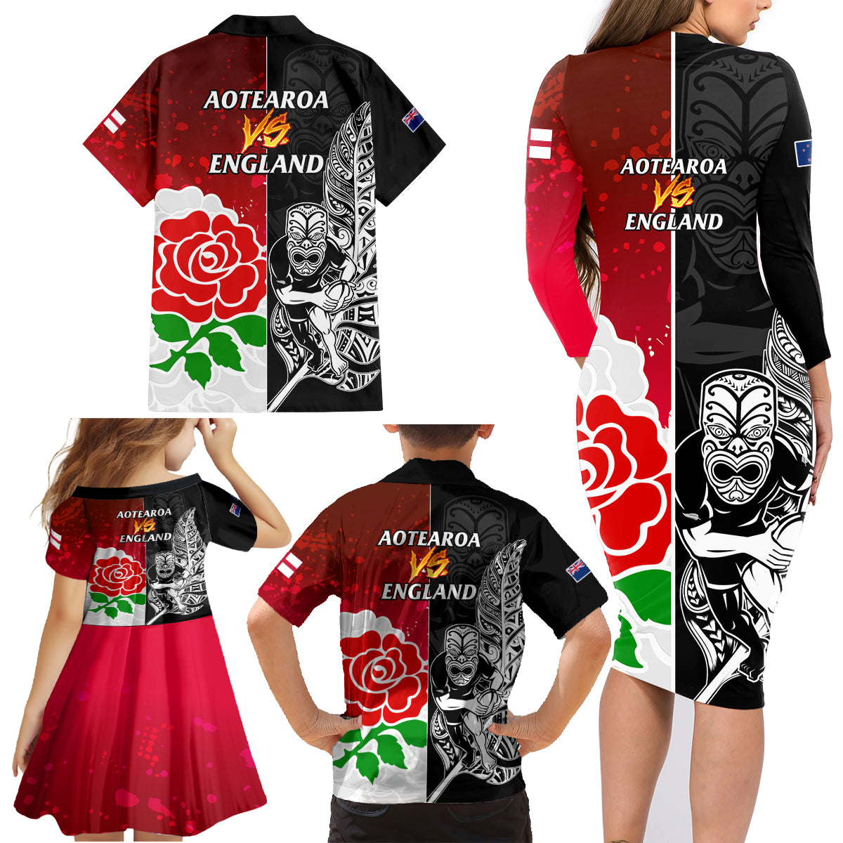 New Zealand And England Rugby Family Matching Long Sleeve Bodycon Dress and Hawaiian Shirt 2023 World Cup All Black Combine Red Roses LT14 - Polynesian Pride