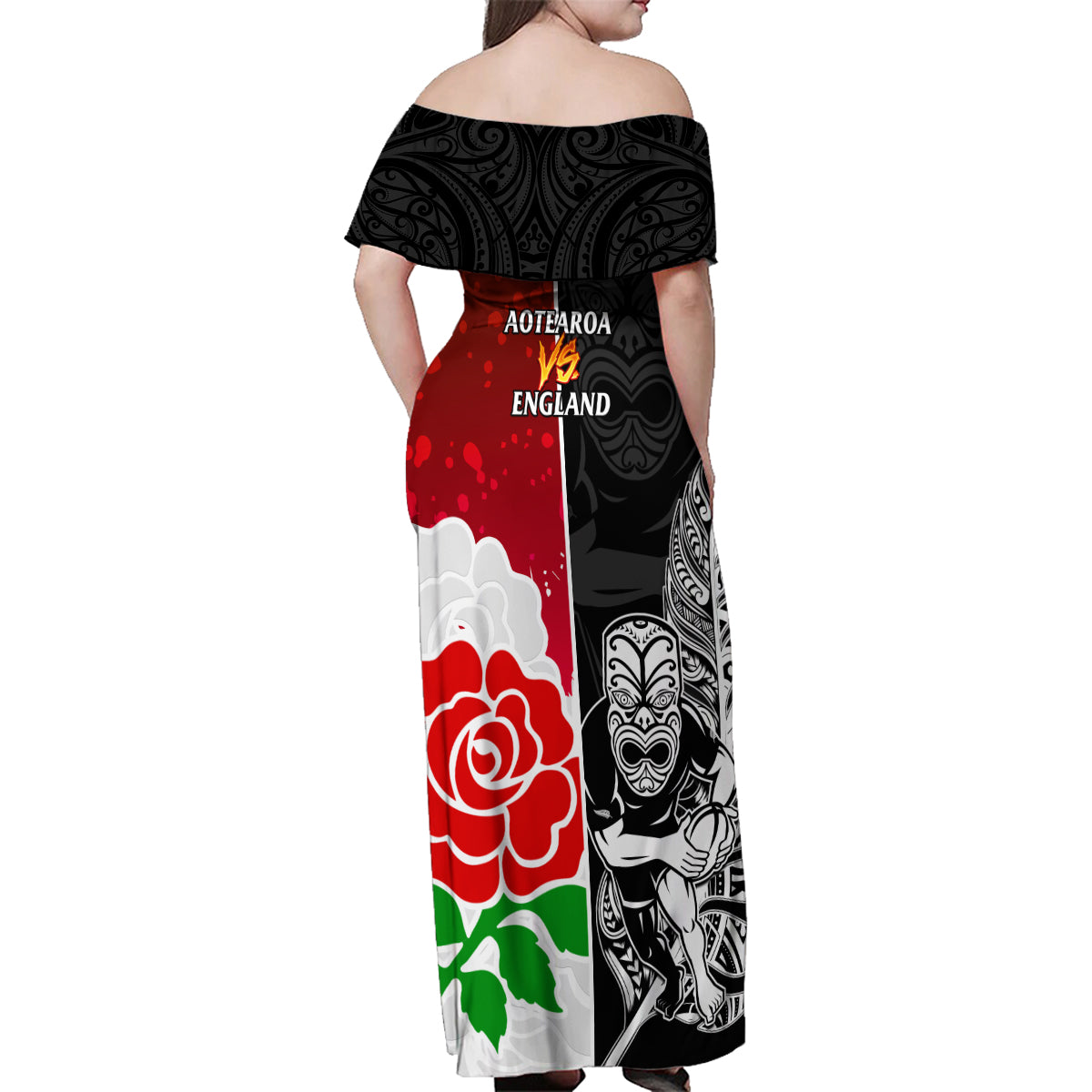 New Zealand And England Rugby Family Matching Off Shoulder Maxi Dress and Hawaiian Shirt 2023 World Cup All Black Combine Red Roses LT14 - Polynesian Pride