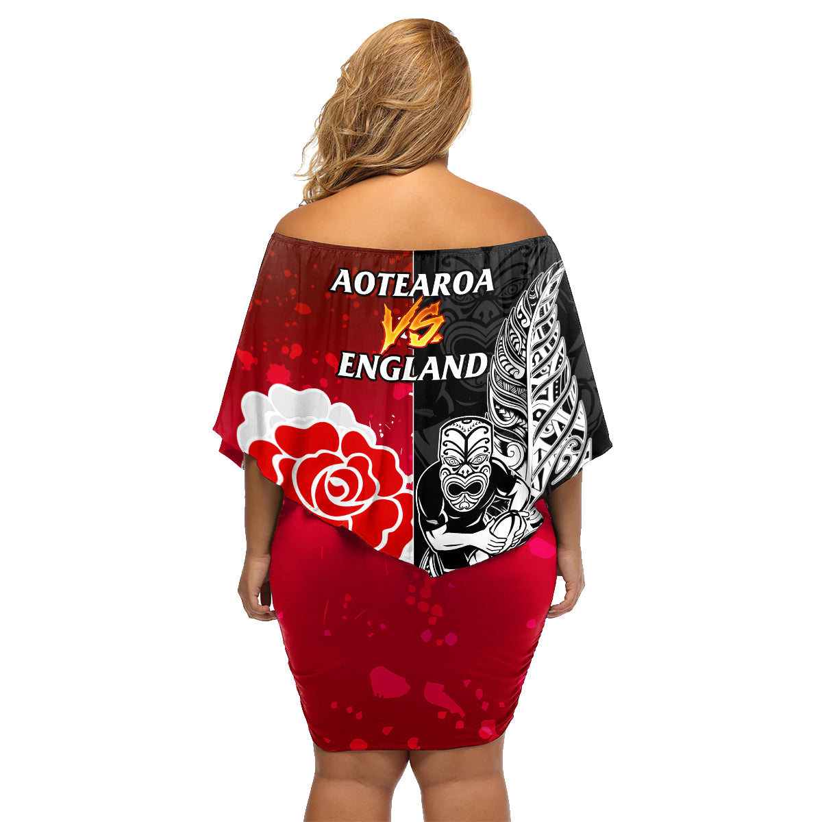 New Zealand And England Rugby Family Matching Off Shoulder Short Dress and Hawaiian Shirt 2023 World Cup All Black Combine Red Roses LT14 - Polynesian Pride