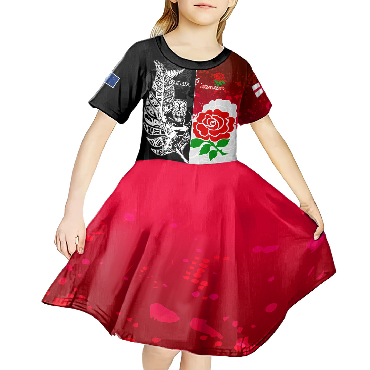 New Zealand And England Rugby Kid Short Sleeve Dress 2023 World Cup All Black Combine Red Roses LT14 - Polynesian Pride