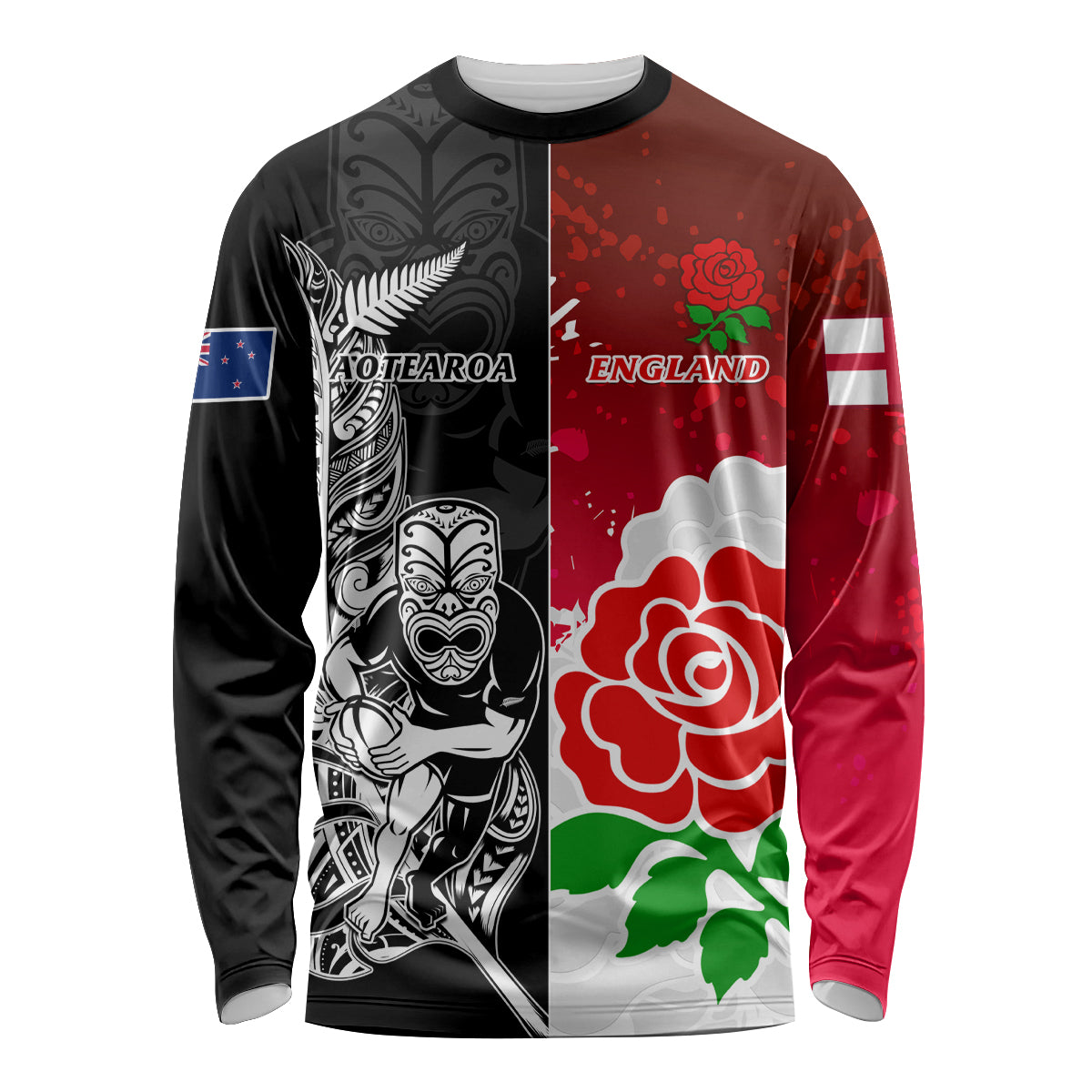 New Zealand And England Rugby Long Sleeve Shirt 2023 World Cup All Black Combine Red Roses LT14 Unisex Black - Polynesian Pride