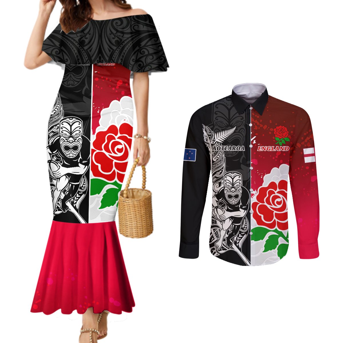 Custom New Zealand And England Rugby Couples Matching Mermaid Dress and Long Sleeve Button Shirt 2023 World Cup All Black Combine Red Roses LT14 Black - Polynesian Pride