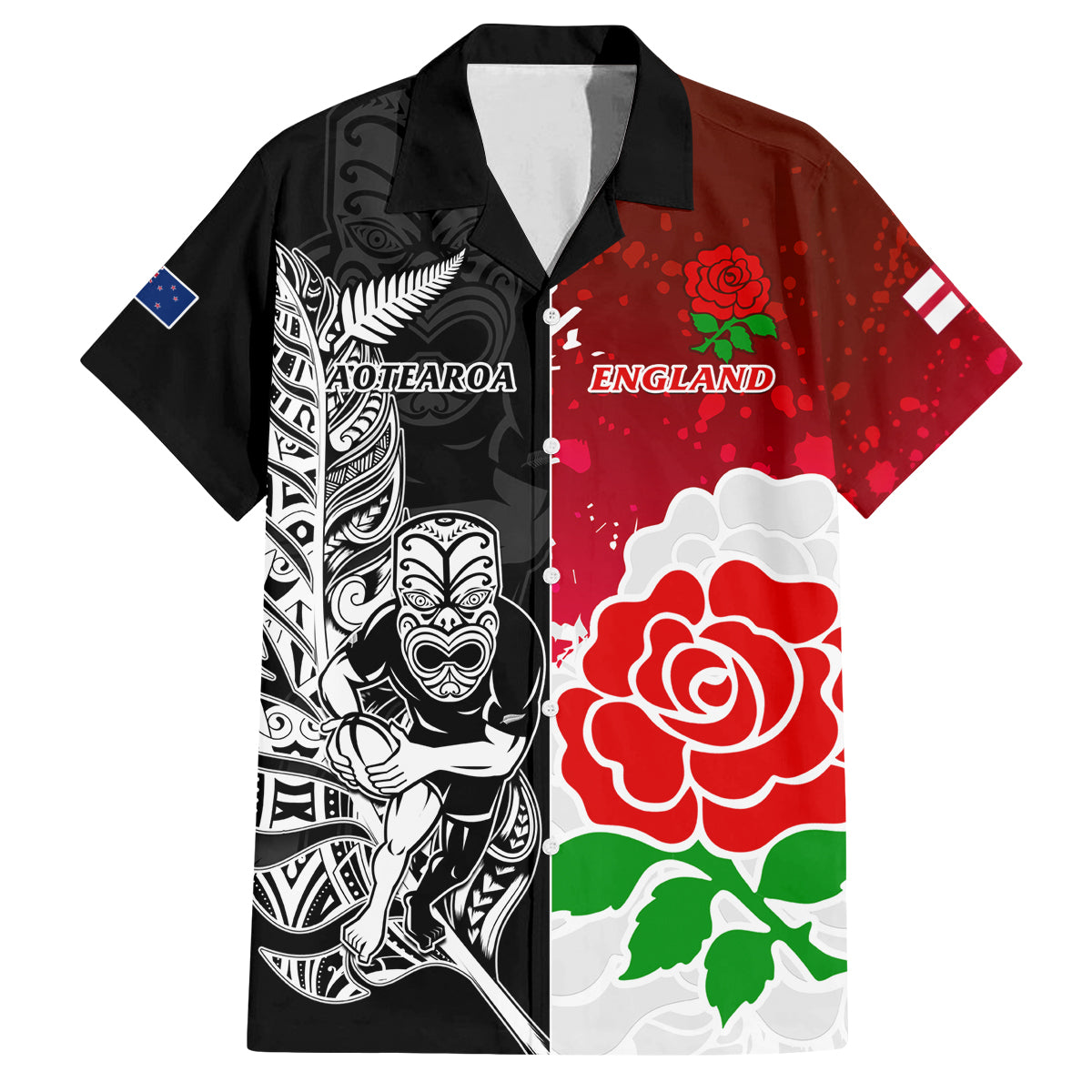 Custom New Zealand And England Rugby Family Matching Long Sleeve Bodycon Dress and Hawaiian Shirt 2023 World Cup All Black Combine Red Roses LT14 Dad's Shirt - Short Sleeve Black - Polynesian Pride